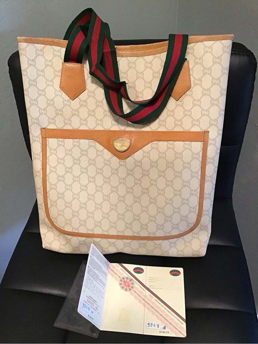 Gucci Beige GG Canvas Tote with Tan Trim and Green-Red Web Straps authentic